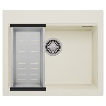 HD Infinity White 58 egymedencés gránit mosogatótálca szett, acél csepegtetőkosárral, tört fehér színben, szálcsiszolt króm leeresztő szifonnal