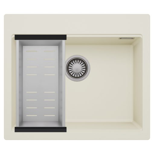 HD Infinity White 58 egymedencés gránit mosogatótálca szett, acél csepegtetőkosárral, tört fehér színben, szálcsiszolt króm leeresztő szifonnal