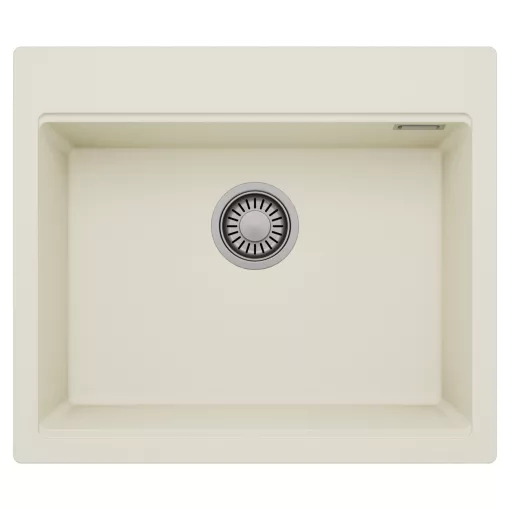 HD Infinity White 58 egymedencés gránit mosogatótálca, tört fehér színben, szálcsiszolt króm leeresztő szifonnal