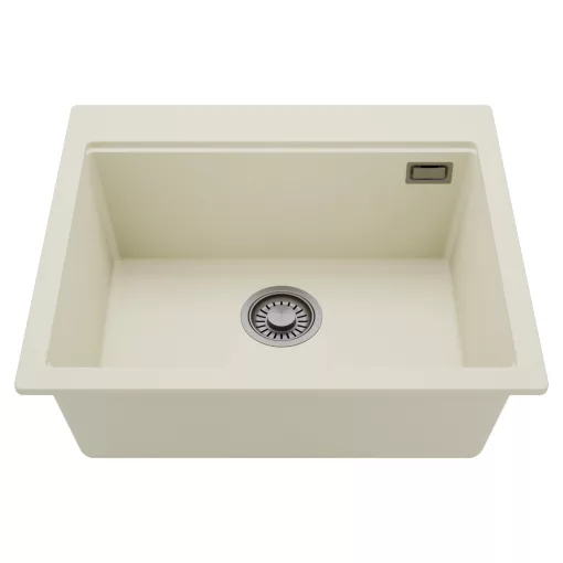 HD Infinity White 58 egymedencés gránit mosogatótálca, tört fehér színben, szálcsiszolt króm leeresztő szifonnal