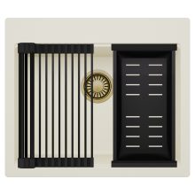 HD Infinity White 58 egymedencés gránit mosogatótálca szett, matt fekete csepegtetőráccsal és kosárral, tört fehér színben, szálcsiszolt arany leeresztő szifonnal