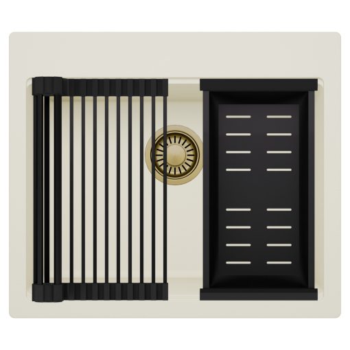 HD Infinity White 58 egymedencés gránit mosogatótálca szett, matt fekete csepegtetőráccsal és kosárral, tört fehér színben, szálcsiszolt arany leeresztő szifonnal
