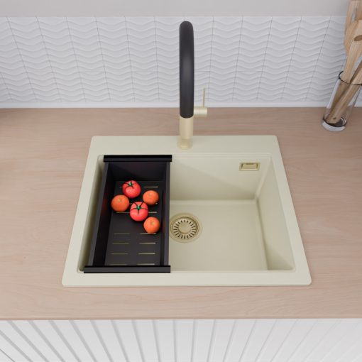 HD Infinity White 58 egymedencés gránit mosogatótálca szett, matt fekete csepegtetőráccsal és kosárral, tört fehér színben, szálcsiszolt arany leeresztő szifonnal