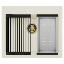 HD Infinity White 58 egymedencés gránit mosogatótálca szett, matt fekete csepegtetőráccsal és krómozott kosárral, tört fehér színben, szálcsiszolt arany leeresztő szifonnal