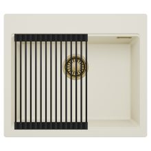 HD Infinity White 58 egymedencés gránit mosogatótálca szett, matt fekete csepegtetőráccsal, tört fehér színben, szálcsiszolt arany leeresztő szifonnal