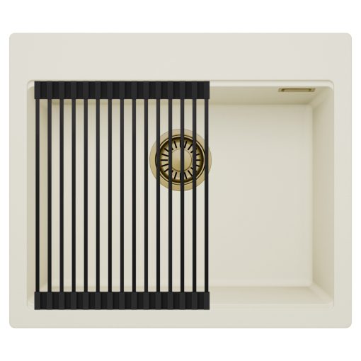 HD Infinity White 58 egymedencés gránit mosogatótálca szett, matt fekete csepegtetőráccsal, tört fehér színben, szálcsiszolt arany leeresztő szifonnal
