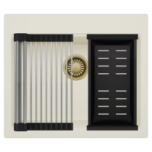 HD Infinity White 58 egymedencés gránit mosogatótálca szett, acél csepegtetőráccsal és matt fekete kosárral, tört fehér színben, szálcsiszolt arany leeresztő szifonnal