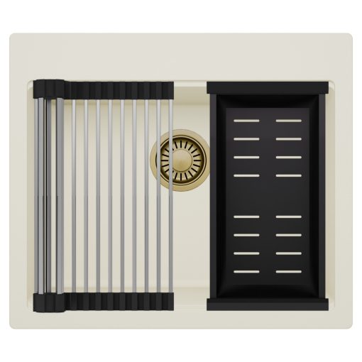 HD Infinity White 58 egymedencés gránit mosogatótálca szett, acél csepegtetőráccsal és matt fekete kosárral, tört fehér színben, szálcsiszolt arany leeresztő szifonnal
