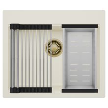 HD Infinity White 58 egymedencés gránit mosogatótálca szett, acél csepegtetőráccsal és kosárral, tört fehér színben, szálcsiszolt arany leeresztő szifonnal