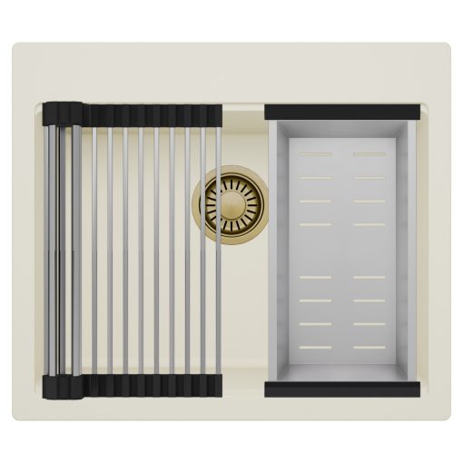 HD Infinity White 58 egymedencés gránit mosogatótálca szett, acél csepegtetőráccsal és kosárral, tört fehér színben, szálcsiszolt arany leeresztő szifonnal