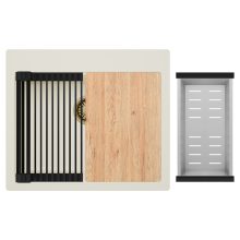 HD Infinity White 58 egymedencés gránit mosogatótálca szett, vágódeszkával, matt fekete csepegtetőráccsal és krómozott kosárral, tört fehér színben, szálcsiszolt arany leeresztő szifonnal