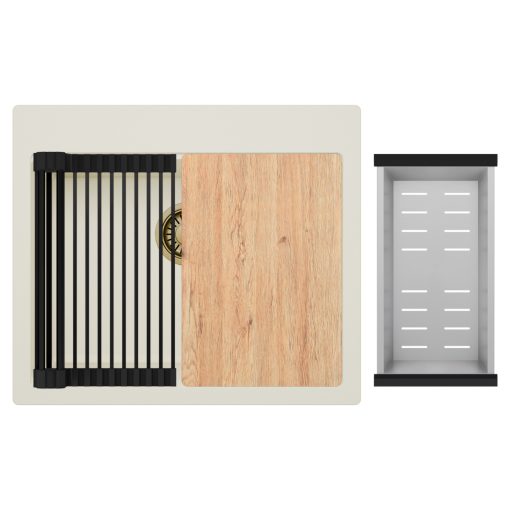 HD Infinity White 58 egymedencés gránit mosogatótálca szett, vágódeszkával, matt fekete csepegtetőráccsal és krómozott kosárral, tört fehér színben, szálcsiszolt arany leeresztő szifonnal