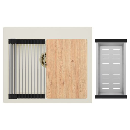 HD Infinity White 58 egymedencés gránit mosogatótálca szett, vágódeszkával, acél csepegtetőráccsal és kosárral, tört fehér színben, szálcsiszolt arany leeresztő szifonnal