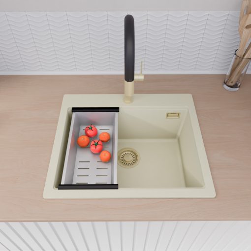 HD Infinity White 58 egymedencés gránit mosogatótálca szett, vágódeszkával, acél csepegtetőráccsal és kosárral, tört fehér színben, szálcsiszolt arany leeresztő szifonnal