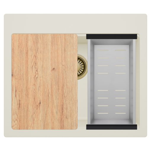 HD Infinity White 58 egymedencés gránit mosogatótálca szett, vágódeszkával, acél csepegtetőkosárral, tört fehér színben, szálcsiszolt arany leeresztő szifonnal