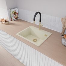 HD Infinity White 58 egymedencés gránit mosogatótálca, vágódeszkával, tört fehér színben, szálcsiszolt arany leeresztő szifonnal