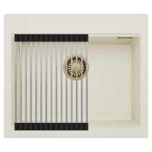 HD Infinity White 58 egymedencés gránit mosogatótálca szett, acél csepegtetőráccsal, tört fehér színben, szálcsiszolt arany leeresztő szifonnal