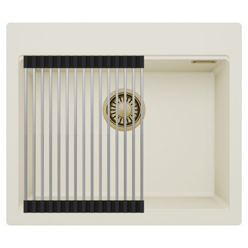 HD Infinity White 58 egymedencés gránit mosogatótálca szett, acél csepegtetőráccsal, tört fehér színben, szálcsiszolt arany leeresztő szifonnal