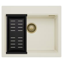 HD Infinity White 58 egymedencés gránit mosogatótálca szett, matt fekete csepegtetőkosárral, tört fehér színben, szálcsiszolt arany leeresztő szifonnal