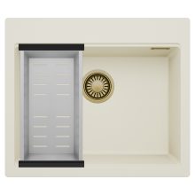 HD Infinity White 58 egymedencés gránit mosogatótálca szett, acél csepegtetőkosárral, tört fehér színben, szálcsiszolt arany leeresztő szifonnal