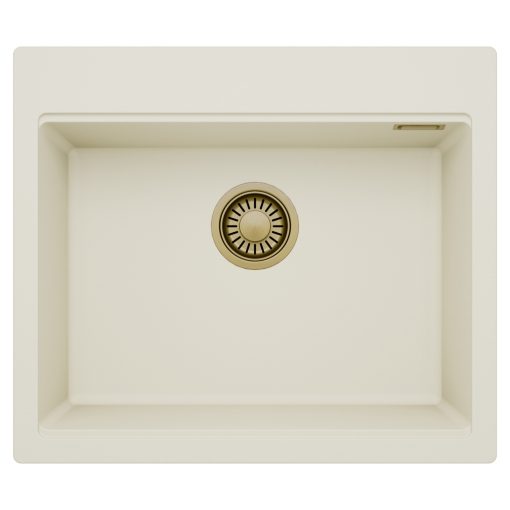 HD Infinity White 58 egymedencés gránit mosogatótálca, tört fehér színben, szálcsiszolt arany leeresztő szifonnal