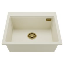 HD Infinity White 58 egymedencés gránit mosogatótálca, tört fehér színben, szálcsiszolt arany leeresztő szifonnal