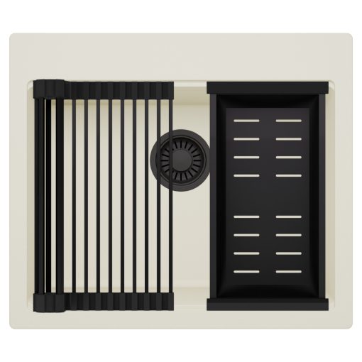 HD Infinity White 58 egymedencés gránit mosogatótálca szett, matt fekete csepegtetőráccsal és kosárral, tört fehér színben, matt fekete leeresztő szifonnal