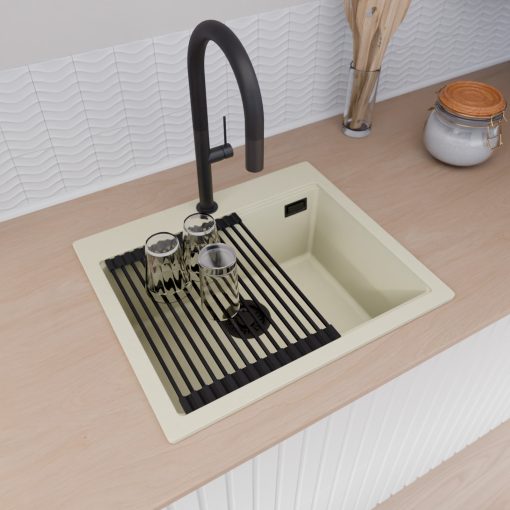 HD Infinity White 58 egymedencés gránit mosogatótálca szett, matt fekete csepegtetőráccsal és kosárral, tört fehér színben, matt fekete leeresztő szifonnal