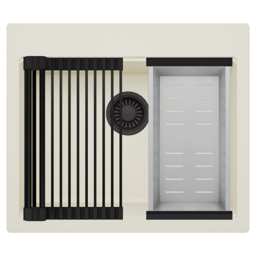 HD Infinity White 58 egymedencés gránit mosogatótálca szett, matt fekete csepegtetőráccsal és krómozott kosárral, tört fehér színben, matt fekete leeresztő szifonnal