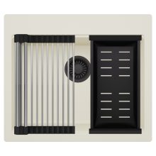 HD Infinity White 58 egymedencés gránit mosogatótálca szett, acél csepegtetőráccsal és matt fekete kosárral, tört fehér színben, matt fekete leeresztő szifonnal