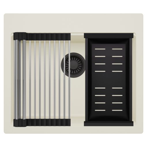 HD Infinity White 58 egymedencés gránit mosogatótálca szett, acél csepegtetőráccsal és matt fekete kosárral, tört fehér színben, matt fekete leeresztő szifonnal