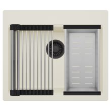 HD Infinity White 58 egymedencés gránit mosogatótálca szett, acél csepegtetőráccsal és kosárral, tört fehér színben, matt fekete leeresztő szifonnal