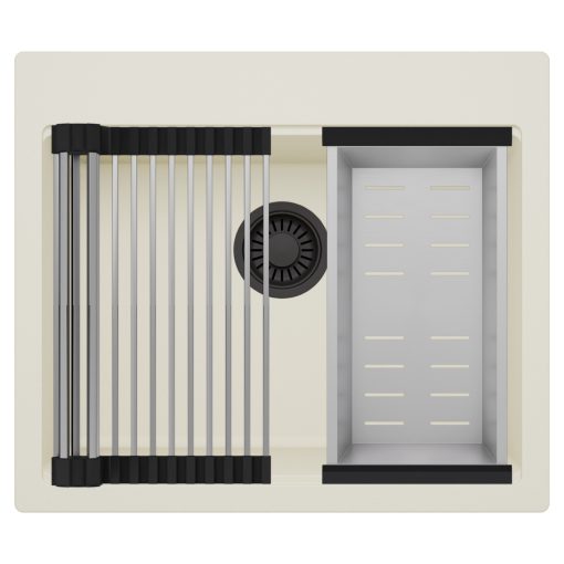 HD Infinity White 58 egymedencés gránit mosogatótálca szett, acél csepegtetőráccsal és kosárral, tört fehér színben, matt fekete leeresztő szifonnal