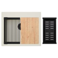 HD Infinity White 58 egymedencés gránit mosogatótálca szett, vágódeszkával, matt fekete csepegtetőráccsal és kosárral, tört fehér színben, matt fekete leeresztő szifonnal