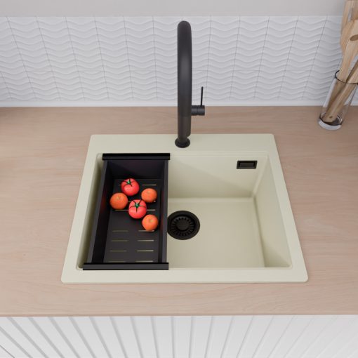 HD Infinity White 58 egymedencés gránit mosogatótálca szett, vágódeszkával, matt fekete csepegtetőráccsal és kosárral, tört fehér színben, matt fekete leeresztő szifonnal