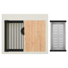 HD Infinity White 58 egymedencés gránit mosogatótálca szett, vágódeszkával, matt fekete csepegtetőráccsal és krómozott kosárral, tört fehér színben, matt fekete leeresztő szifonnal