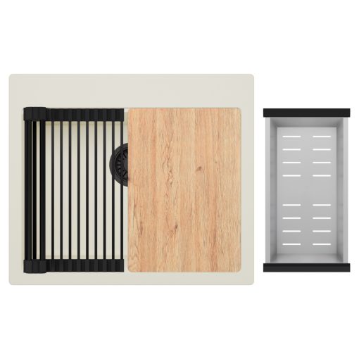 HD Infinity White 58 egymedencés gránit mosogatótálca szett, vágódeszkával, matt fekete csepegtetőráccsal és krómozott kosárral, tört fehér színben, matt fekete leeresztő szifonnal