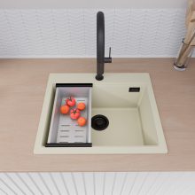 HD Infinity White 58 egymedencés gránit mosogatótálca szett, vágódeszkával, matt fekete csepegtetőráccsal és krómozott kosárral, tört fehér színben, matt fekete leeresztő szifonnal