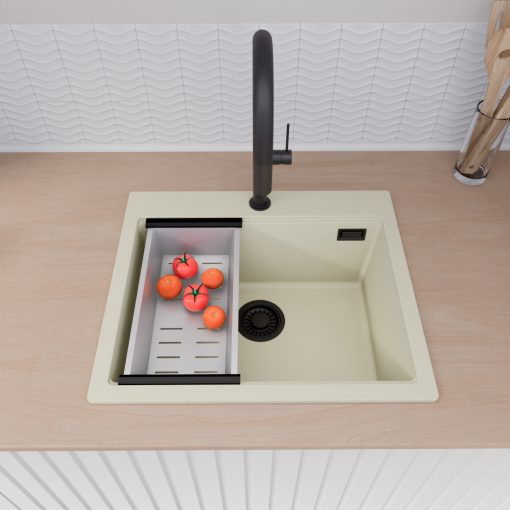 HD Infinity White 58 egymedencés gránit mosogatótálca szett, vágódeszkával, matt fekete csepegtetőráccsal és krómozott kosárral, tört fehér színben, matt fekete leeresztő szifonnal