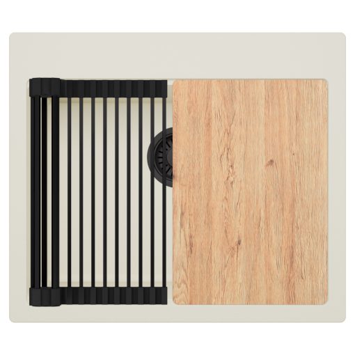 HD Infinity White 58 egymedencés gránit mosogatótálca szett, vágódeszkával, matt fekete csepegtetőráccsal, tört fehér színben, matt fekete leeresztő szifonnal