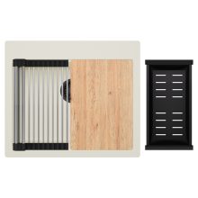 HD Infinity White 58 egymedencés gránit mosogatótálca szett, vágódeszkával, acél csepegtetőráccsal és matt fekete kosárral, tört fehér színben, matt fekete leeresztő szifonnal