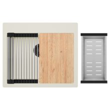 HD Infinity White 58 egymedencés gránit mosogatótálca szett, vágódeszkával, acél csepegtetőráccsal és kosárral, tört fehér színben, matt fekete leeresztő szifonnal