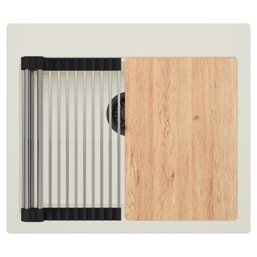 HD Infinity White 58 egymedencés gránit mosogatótálca szett, vágódeszkával, acél csepegtetőráccsal, tört fehér színben, matt fekete leeresztő szifonnal