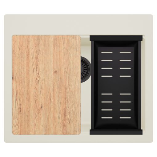 HD Infinity White 58 egymedencés gránit mosogatótálca szett, vágódeszkával, matt fekete csepegtetőkosárral, tört fehér színben, matt fekete leeresztő szifonnal