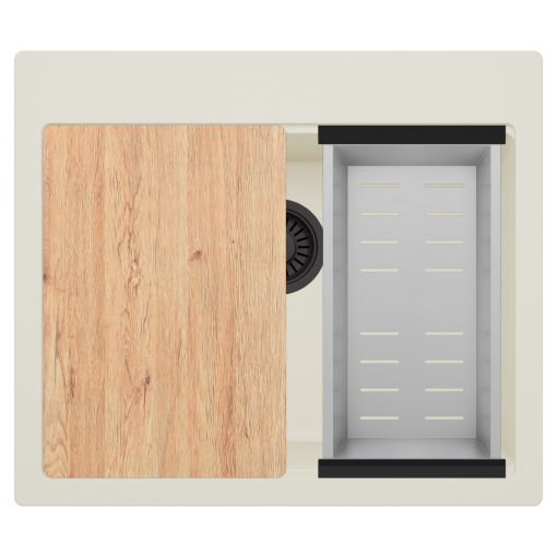 HD Infinity White 58 egymedencés gránit mosogatótálca szett, vágódeszkával, acél csepegtetőkosárral, tört fehér színben, matt fekete leeresztő szifonnal