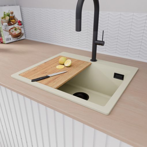 HD Infinity White 58 egymedencés gránit mosogatótálca szett, vágódeszkával, acél csepegtetőkosárral, tört fehér színben, matt fekete leeresztő szifonnal