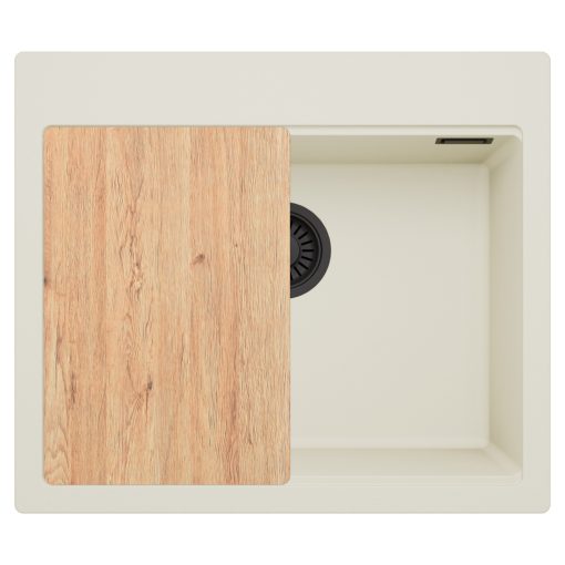 HD Infinity White 58 egymedencés gránit mosogatótálca, vágódeszkával, tört fehér színben, matt fekete leeresztő szifonnal