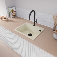 HD Infinity White 58 egymedencés gránit mosogatótálca, vágódeszkával, tört fehér színben, matt fekete leeresztő szifonnal