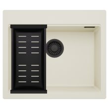 HD Infinity White 58 egymedencés gránit mosogatótálca szett, matt fekete csepegtetőkosárral, tört fehér színben, matt fekete leeresztő szifonnal