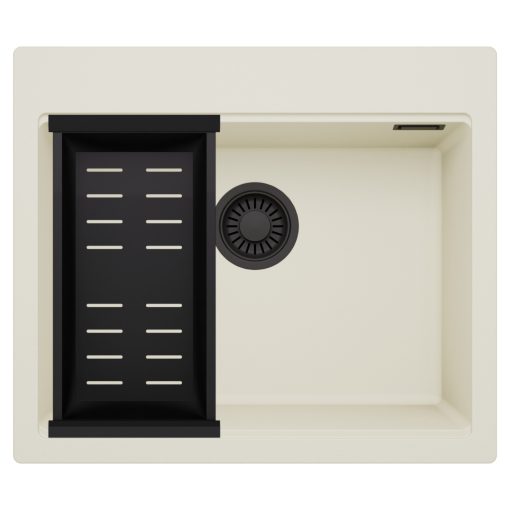 HD Infinity White 58 egymedencés gránit mosogatótálca szett, matt fekete csepegtetőkosárral, tört fehér színben, matt fekete leeresztő szifonnal